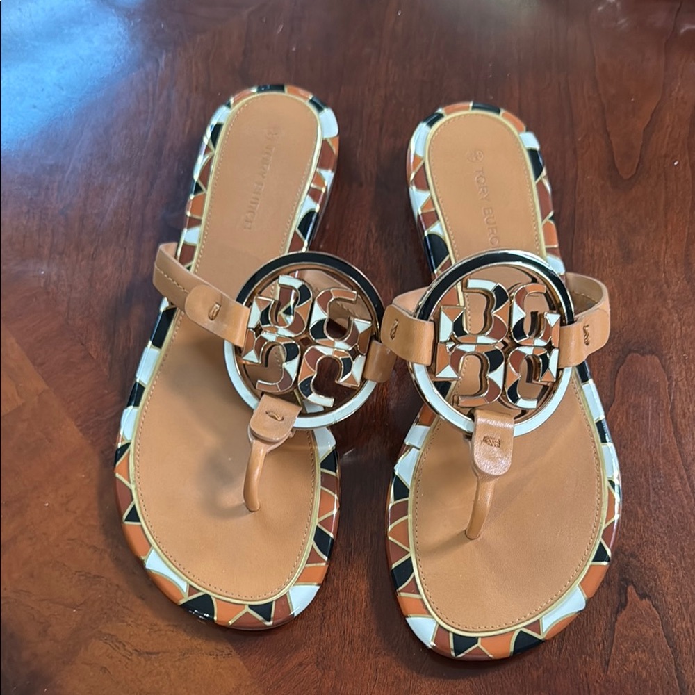 Tory Burch Tan and Black Leopard Print Sandals